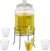 Relaxdays drankdispenser met 4 glazen - tapkraan - limonadetap met standaard - sapkan glas