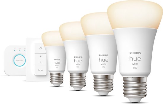 Philips Hue Starterspakket White E27 - 4 Hue E27 Lampen, Bridge en Dimmer Switch - Eenvoudige Installatie - Werkt met Alexa en Google Home
