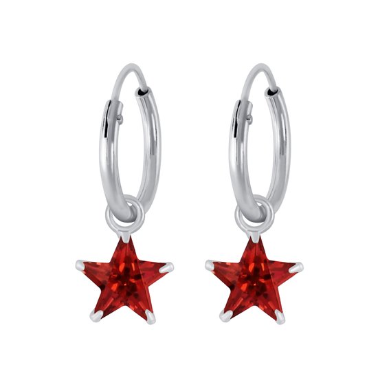 Joy|S - Zilveren ster bedel oorbellen - kristal rood - oorringen