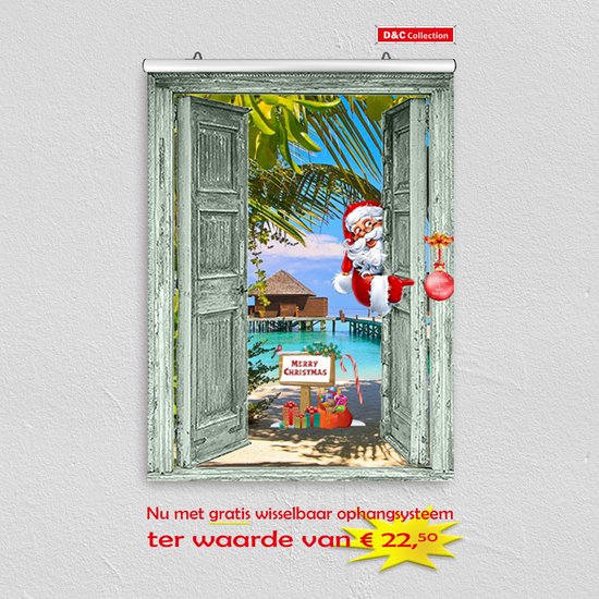 D&C Collection - poster - kerst poster - 60x80 cm - doorkijk - open groene deuren tropisch strand Santa Claus met pakjes - winter poster - kerst decoratie- kerstinterieur - kerst wanddecoratie