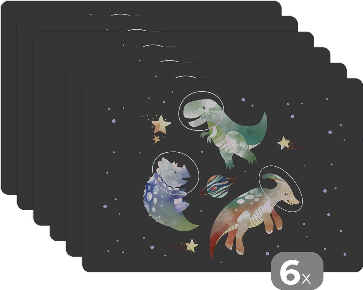 Placemat kinderen - Placemats - Dino - Nacht - Sterren - Kinderen - Borden onderlegger - 45x30 cm - 6 stuks