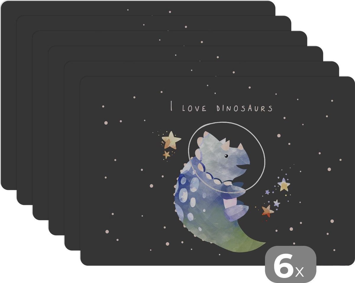 Placemat kinderen - Placemat - Placemats kunststof - Quotes - Spreuken - Ruimte - 'I love dinosaurs' - Jongens - Kindje - Meisjes- Kinderen - 45x30 cm - 6 stuks - Hittebestendig - Anti-Slip - Onderlegger - Afneembaar