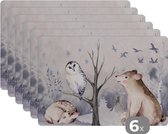 Placemat - Placemats kunststof - 45x30 cm - Winter - Hert - Uil - Beer - 6 stuks - Borden onderleggers antislip - Tafel decoratie - Luxe tafelversiering - Tafelmat vinyl - Bord onderlegger - Tafeldecoratie accessoires