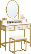 FURNIBELLA - kaptafel met kruk - cosmetische tafel met ovale spiegel en open vak - lades - modern - voor slaapkamers - kleedkamers - wit en goudkleurig