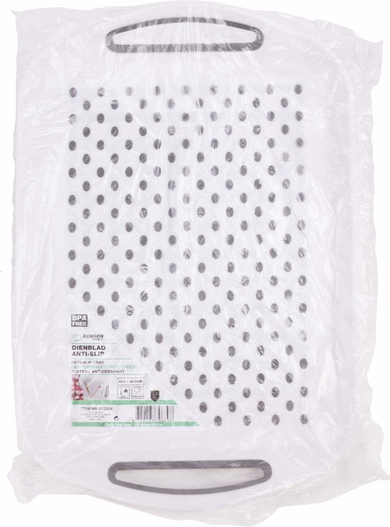 Wit dienblad met grijze anti-slipdots en handvatten.