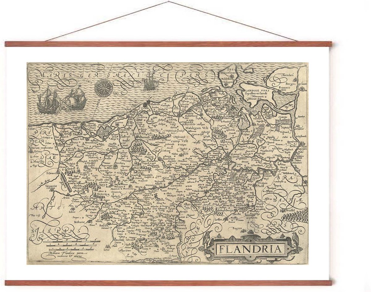 Esque Poster In Posterhanger - Historische Oude Kaart Vlaanderen - 50x70 cm - Kader Hout - Ophangsysteem - Vintage Plattegrond Antwerpen