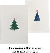 Kerstkaarten - Set van 10 stuks - Kerstboom in groen en blauw - Waterverf stijl - Inclusief kraft enveloppen