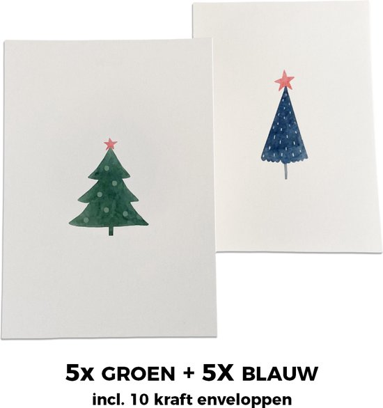 Kerstkaarten - Set van 10 stuks - Kerstboom in groen en blauw - Waterverf stijl - Inclusief kraft enveloppen