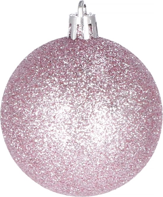 Roze glitter kerstbal met zilveren kapje.