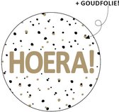 Wensetiket Hoera! - Cadeausticker - Sluitsticker  - Verjaardagssticker  - rond - 40mm - wit/zwart met goud - 10 stuks