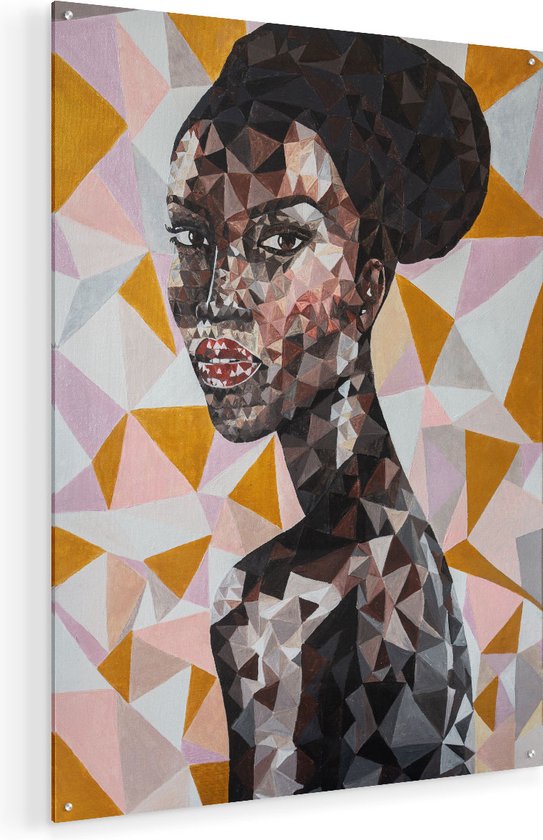 Artaza Glasschilderij - Afrikaanse Vrouw In Driehoekjes - Abstract - Plexiglas Schilderij - Foto op Glas