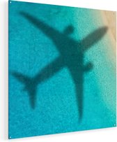 Artaza Glasschilderij - Silhouet Van Een Vliegtuig Op Het Strand - 90x90 - Groot - Plexiglas Schilderij - Foto op Glas