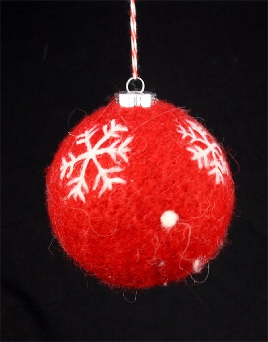 Meander | Kerstbal rood met sneeuw vlokken | Vilt | 8 cm