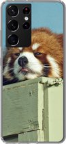 Geschikt voor Samsung Galaxy S21 Ultra hoesje - Panda - Hout - Rood - Siliconen Telefoonhoesje