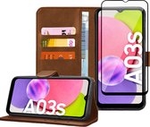 Samsung A03s - Bookcase Portemonnee Hoes Bruin + Samsung A03s Screen Protector Full Cover Glas