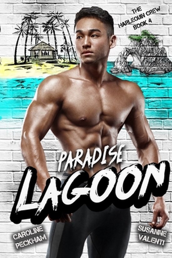 Boekomslag van 'Paradise Lagoon' met een gespierde man, strand en palmbomen. De tekst 'THE HARLEQUIN CREW BOOK 4' staat bovenaan.