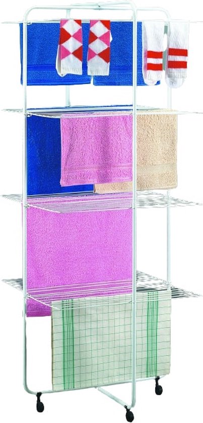 Witte droogtoren met 4 etages, diverse handdoeken en sokken erop.