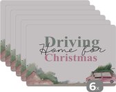 Placemat - Placemats kunststof - Kerst - Quotes - Driving home for Christmas - Spreuken - Waterverf - 45x30 cm - 6 stuks - Hittebestendig - Anti-Slip - Onderlegger - Afneembaar