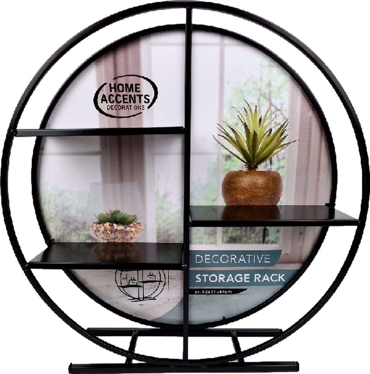 Kyto Wandplank rond, diameter 45 en 60 cm, robuust decoratief rek van metaal en vier houten niveaus (45 cm