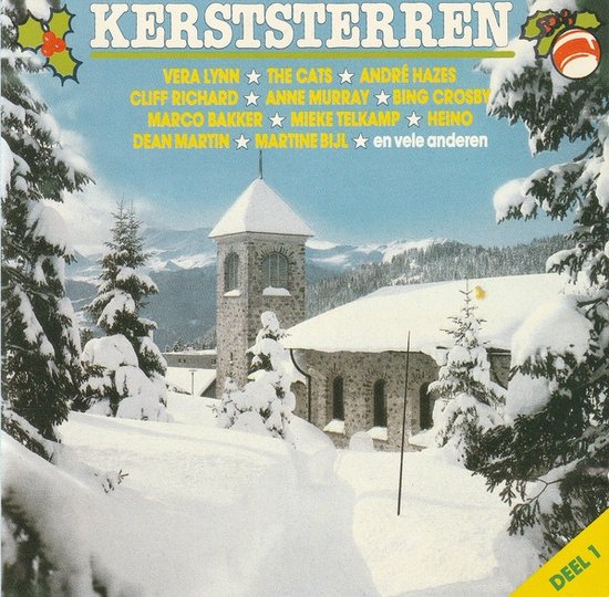 Albumhoes 'Kerststerren Deel 1' met winterlandschap en kerktoren, tekst in groen en geel.