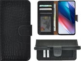 Oppo Find X3 Lite Hoesje - Bookcase - Oppo Find X3 Lite Wallet Book Case Echt Leer Croco Zwart Cover