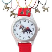 Horloge-Paard-Rood-Leer-Met Paard Ketting-Extra Batterij-Charme Bijoux