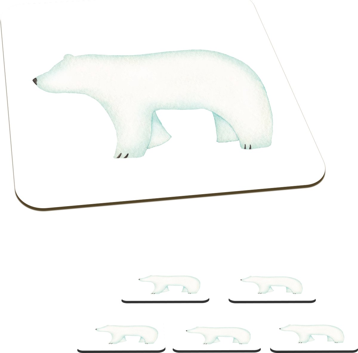 Onderzetters voor glazen - IJsbeer - Waterverf - Wit - 10x10 cm - Glasonderzetters - 6 stuks