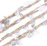 Jute Band Lint met Zilveren Blaadjes 6mm (0,6cm) | Jute Touw | Naturel Burlap Ribbon | Beige Bruin | Zilver Metallic | Kerstlint | Cadeaulint | Decoratielint | Rol: 5 Meter