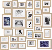 bomoe Emotion Set van 30 Fotolijsten Houten Frames - kunststof glas - 10x 10,5x15cm / 15x 13x18cm / 5x 20x30cm - Metalen Ophanging - Standaard & Passepartout - Eikenhout