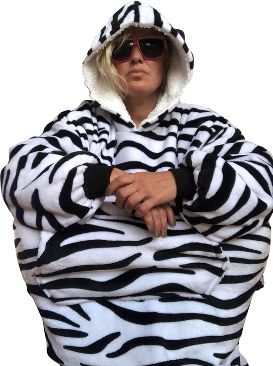 Snuggie deken met mouwen – Oversized hoodie zebra – Fleece deken dierenprint – Fleece snuggie met zebraprint – TV deken – Plaid met mouwen – Snuggie omkeerbaar – Sherpa snuggie – Fleece poncho - Knuffelen – Zebraprint – snuggie zebramotief