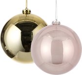 Kerstversieringen set van 2x grote kunststof kerstballen roze en goud 15 cm glans