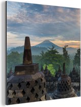 Wanddecoratie Metaal - Aluminium Schilderij Industrieel - Zonsopgang bij de tempel Borobudur in Indonesië - 90x90 cm - Dibond - Foto op aluminium - Industriële muurdecoratie - Voor de woonkamer/slaapkamer