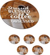 Onderzetters voor glazen - Rond - Koffie - Quotes - Spreuken - Stressed blessed and coffee - 10x10 cm - Glasonderzetters - 6 stuks