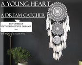 HandMade Dromen Vanger - Gehaakt Dream Catcher met 3 Rondjes + Mooie Veren Kwastjes - Indianen Decoratie / Bruiloft / Verjaardag Cadeautje - Katoen/Veren- Groot 35*127cm - Wit - Sale!