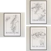 Posters zwart wit - Set Frankrijk - Bourgogne - Champagne - Bordeaux