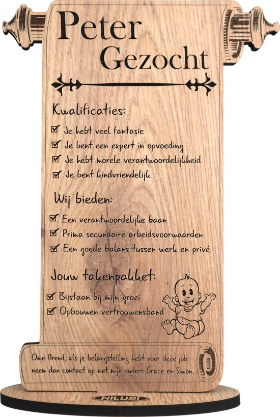 Peter gezocht gepersonaliseerde houten wenskaart kaart van hout geboorte luxe uitvoering met eigen naam