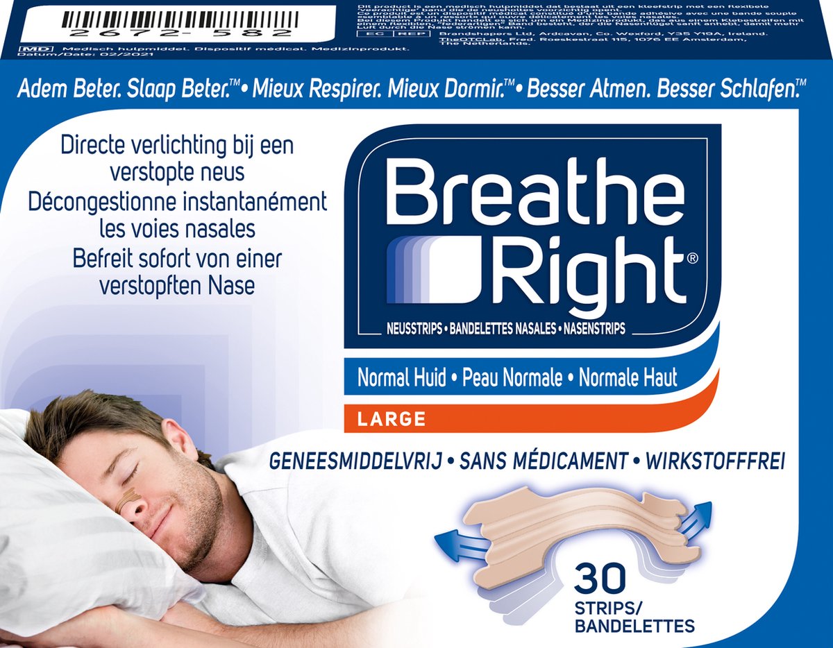 Breathe Right Anti Snurk Neusstrips - Neusspreider - Neuspleisters - Normale Huid - Large 30 stuks - Huidskleurig - Goede Nachtrust - Huidvriendelijk - Ideaal bij Verkoudheid en Allergieën - Breathe Right