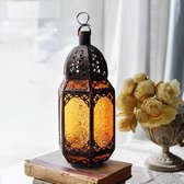 Apeirom Oosterse lantaarn - 30 cm - windlicht - geschikt voor led kaarsen - waxinelichtjes – koperkleurig- metaal - sfeermaker –oranje kleur glas