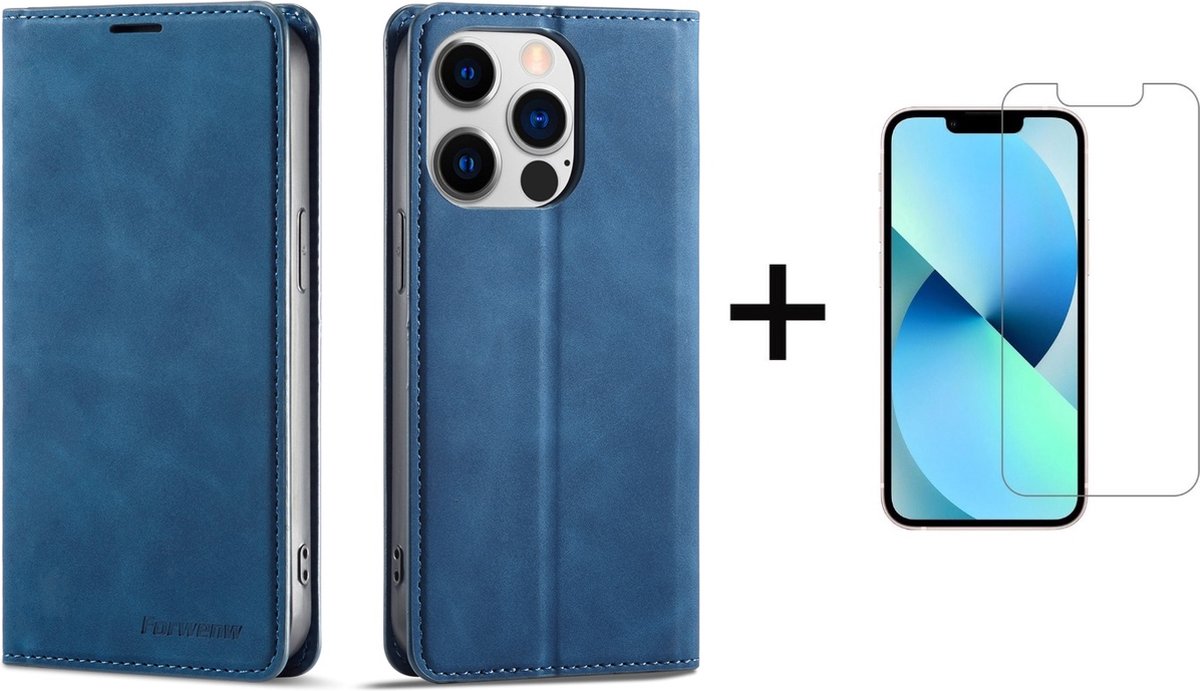 Apple iPhone 13 Pro Max Telefoonhoesje | Hoogwaardig Leren Bookcase | Portemonnee | Blauw + 1x Screenprotector