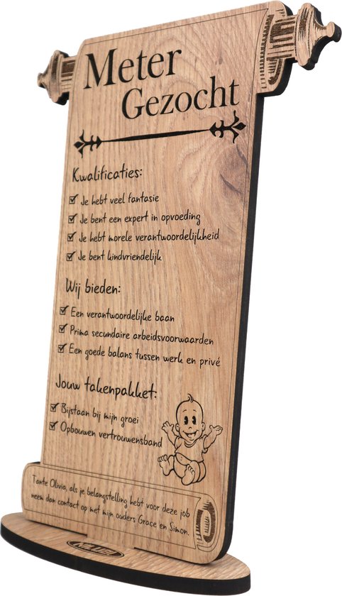 Meter gezocht - gepersonaliseerde houten wenskaart - kaart van hout - geboorte - luxe uitvoering met eigen naam