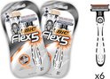Verpakking van 6 Bic Flex 5 scheermessen, naast een los scheermes.