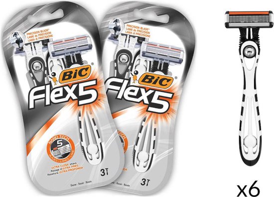 Verpakking van 6 Bic Flex 5 scheermessen, naast een los scheermes.