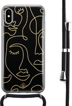 iPhone X/XS hoesje met koord - Abstract faces | Apple iPhone Xs crossbody case | Zwart, Transparant | Geometrisch patroon
