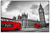 Rode bussen langs de Londen Big Ben in zwart en wit - Foto op Akoestisch paneel - 90 x 60 cm