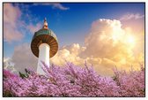 De Namsan Seoul Tower achter kersenbloesem in Zuid Korea - Foto op Akoestisch paneel - 225 x 150 cm