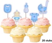 Baby boy prikkers - Versiering Jongen 20 stuks cupcake toppers - Geboorte - Taart - Cake - Taart - babyshower topper - Prikkers + 10 stuks Blauwe ballonnen