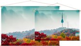 De Namsan Seoul Tower achter een herfstdecor in Korea - Foto op Textielposter - 60 x 40 cm