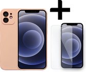 iPhone 12 Hoesje Beige Siliconen Case Met Extra Camera Bescherming Inclusief 1x Tempered Glass Screenprotector - Beige - Geschikt voor iPhone 12 - Smartphonica
