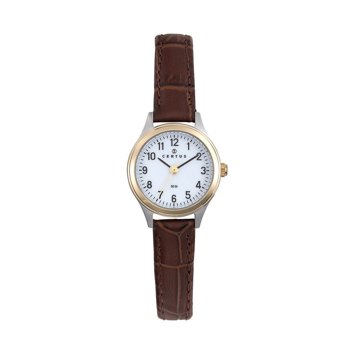 Certus-Duidelijk Dames horloge-Bruin lederen band-Bicolor.