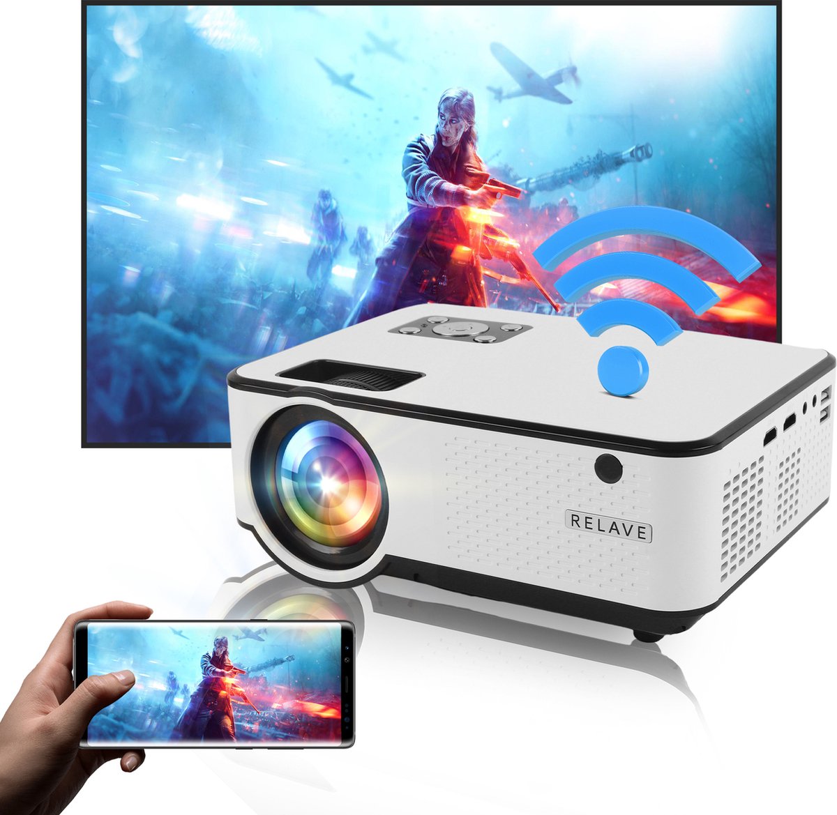 Relave - Input tot Full HD Beamer - 6500 Lumens - Mini Projector - Streamen met Telefoon Via Wifi - Afstandsbediening - Inclusief Projectiescherm - Relave